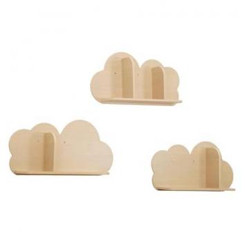 Estantería de Pared Nube Natural para Dormitorio Infantil, Set de 3, Nephos, 34.5x12x23.5 cm