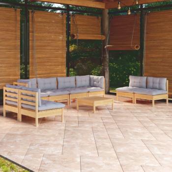 9-Piece Solid Pinewood Garden Lounge Set with Gray Cushions