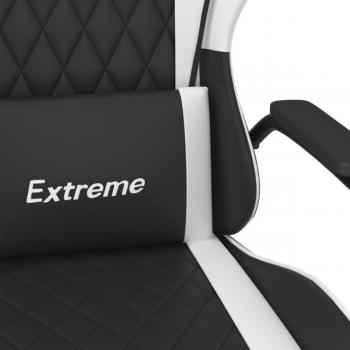 Silla gaming de masaje cuero sintético negro y blanco con características ergonómicas, reposabrazos ajustables, base giratoria de 360 grados, soporte lumbar y reposacabezas, diseño moderno en color negro y blanco