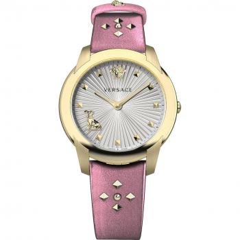 Versace Audrey Leather Bracelet Watch with Gold Rivets, Yellow, Female, Size: ONE SIZE