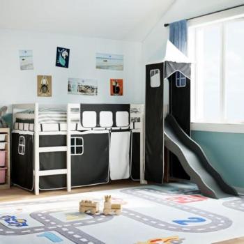 Cama loft con torre infantil de madera de pino blanco y negro 90x190 cm