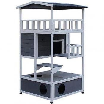 Pawhut Caseta para Gatos de Madera de Abeto con Gran Espacio de 4 Pisos y Cuarto Desmontable para Arena 78x76x140cm