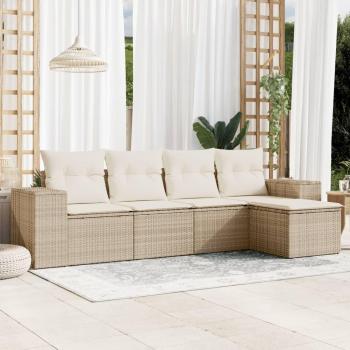 Juego de sofá de jardín 5 piezas Polyrattan Beige con cojines