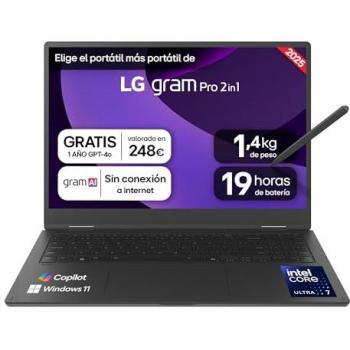LG gram 16T90TP-K.AD88B Portátil Convertible 16 Intel Core Ultra7 255H, 32GB RAM, 1TB SSD, Panel OLED WQXGA+, Ligero 1.399 kg,