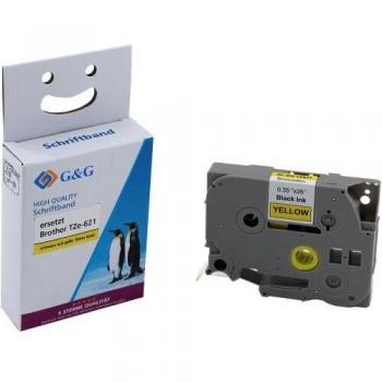 Cinta de Etiquetado Compatible G&G para Brother TZe-621 (9mm x 8m, Laminada) - Color Negro sobre Amarillo