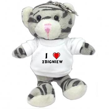 Gato gris de peluche (llavero) con Amo Zbigniew en la camiseta (nombre de pila/apellido/apodo)