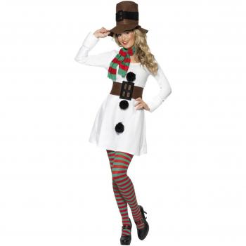 Disfraz de Mrs. Muñeca de Nieve para mujer - Características: incluye vestido blanco con detalles en negro y marrón, gorro a juego, talla S