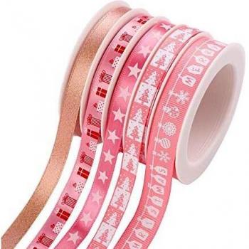 Cinta de grogrén de Navidad 5 rollos de 5 m colorido tema de Navidad cinta ancha doble cara de poliéster satén cinta de tela de invierno para bodas, envolver regalos, hacer arco y otros proyectos