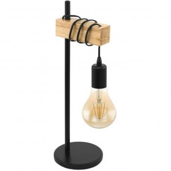Lámpara de mesa industrial Townshend E27, diseño retro vintage en negro y madera con interruptor