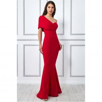 Goddiva One Shoulder Fan Maxi Dress - Red