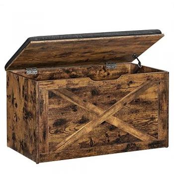 Banco Zapatero con Asiento Acolchado y Estilo de Puerta de Granero, Baúl de Almacenamiento, 76x40x48 cm, Marrón Rústico