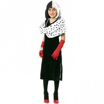 Disfraz de Lady Dálmata para niña, incluye vestido de lunares negros y blancos, capa roja, diadema con orejas de dálmata y detalles en negro