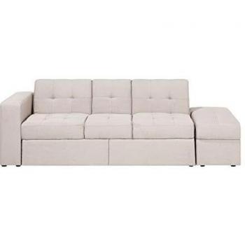 Sofá cama seccional beige Beliani Falster con almacenamiento otomana, cajones extraíbles, mecanismo click clack y portavasos