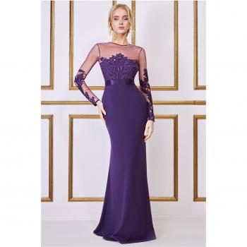 Goddiva Embroidered Mesh & Scuba Maxi Dress - Purple