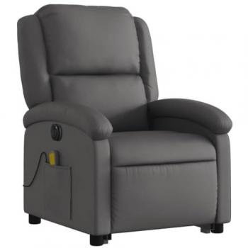Sillón Reclinable Masaje Eléctrico de Pie en Cuero Auténtico Gris - Vidaxl, Silla con Respaldo, Sillón Orejero de TV, Asiento para Personas Mayores