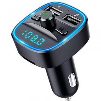 Goigrn Transmisor Bluetooth Coche, [Luz de Anillo Azul] Manos Libres Coche, Adaptador Bluetooth Coche con Doble USB Reproductor MP3 Mechero Coche, Adaptador Radio Soporte Tarjeta SD y U Disk