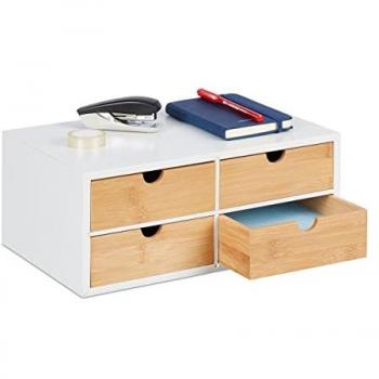 Organizador de Escritorio Relaxdays, 4 Cajones, Almacenamiento para Material de Oficina, Bambú y MDF, 14x33x21 cm, Natural y Blanco