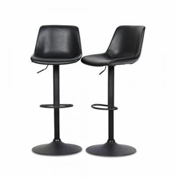 Taburetes de bar ajustables polipiel negra, set de 2, regulables en altura, con reposapiés, dimensiones 45x53x109 cm