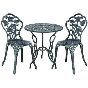 Set Bistro de Aluminio Fundido con Mesa y 2 Sillas Verde Oscuro Look Antiguo para Jardín, Terraza y Balcón