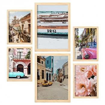 Pack 6 Cuadros Decorativos Ciudad Cuba - Láminas Fotográficas de Paisaje Playa Verano Cubano para Colgar en Pared - Tamaños A3 y A4 con Marco de Madera Clara