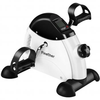 Finether-Minibicicleta Estática para el Entrenamiento de Brazos y Piernas con Pantalla LCD, Perilla de Resistencia Ajustable y Manija Incorporada, Blanco y Negro