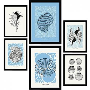 Set de 6 Posters Artísticos del Mar en Tinta Negra con Marcos Negros - Tamaños A3 y A4