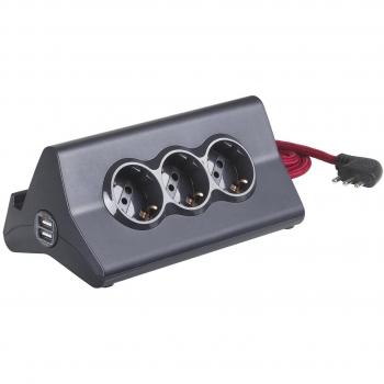 Multipresa de escritorio BTicino S3713GBU con 3 salidas P30, 2 puertos USB y cable de 2 m, color gris