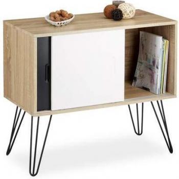 Cómoda Retro 70 x 80 cm con Puertas Correderas, Madera y Metal, Blanco y Negro - Relaxdays