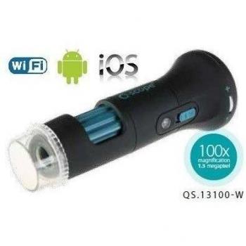 Q-scope Microscopio Digital Inalámbrico de 1,3 Mega Pixeles con Iluminacion LED hasta 150x aumentos compatible con iPhone, iPad, móviles y tablets de Android, con app gratuita, negro