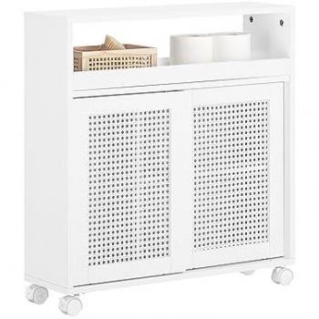 Estantería Estrecha para Baño Armario Auxiliar Móvil Multifuncional de Almacenaje con 2 Puertas, 1 Estante y 4 Ruedas, Color Blanco, Dimensiones: 65 x 20