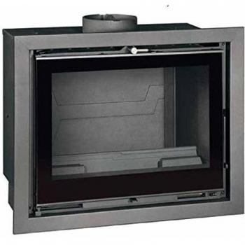 Estufa de leña Ferlux modelo Kalio, con diseño moderno, potencia de 12 kW, capacidad calefactora para espacios de hasta 120 m², sistema de doble combustión para mayor eficiencia energética, fabricada en acero