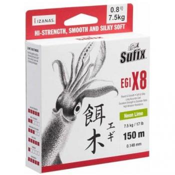 Sufix Línea Trenzada Egi X8 150 M - Línea trenzada de pesca, color chartreuse, diámetro 0.08 mm, resistencia 10 lb (4.5 kg), longitud de 150 metros, ideal