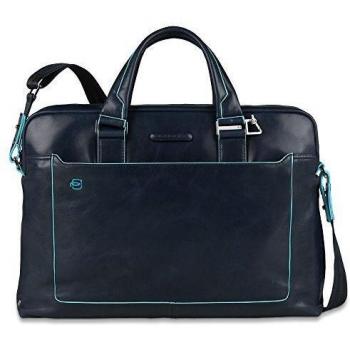 Piquadro Blue Square Leather Briefcase with 14 Laptop Compartment