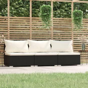 Black Poly Rattan 3-Seater Sofa with Cushions