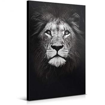 Cuadros Modernos de Animales de Decoración para Salón y Dormitorio - León, 40 x 60 cm - Lienzo de Poliéster y Bastidor de Madera, Color Blanco y Negro, LEN-031