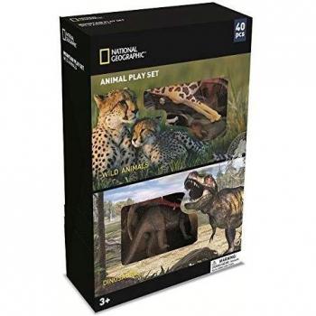 Wenno USA National Geographic 40 Piece Play Set with Wild Animals and Dinosaurs Figurines, 40 Pieces