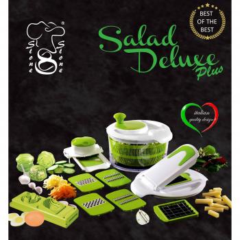 Salad Delux Plus: Ensaladera, Corta-Ortalizas, Trinchador, Centrifugadora Para Ensalada, Robot de Cocina + Pica Ajo + Corta Huevos, Pela Patatas en Ceràmica Visto en Tele, Hecho por stone&stone