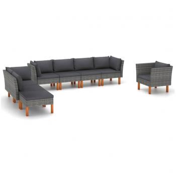 8-Piece Grey Eucalyptus Wood and Poly Rattan Garden Lounge Set