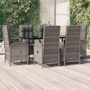 7 Piece Black and Gray Poly Rattan Garden Dining Set with Cushions