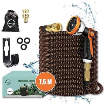 Manguera de Jardín Premium 7,5m con Boquilla de Pulverización de 10 Funciones - Ligera, Extensible y Conectores de Latón - Alta Resistencia con Núcleo de Látex - Color Naranja