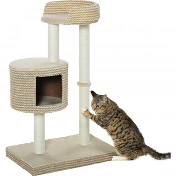 Árbol Rascador para Gatos PawHut con Cueva de Felpa, Postes de Yute y Plataforma Cómoda en Beige y Café 61x41x96 cm