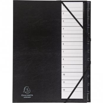 Clasificador Exacompta Ordonator con uñeros plastificados y gomas numéricas, 12 compartimentos, color negro