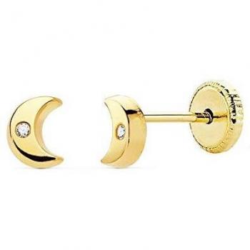 Pendientes Oro 18K Bebé 4.5mm. Luna Lisa Centro Circonita Cierre Tuerca