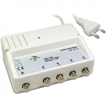 Metronic 432175 - Amplificador señal de Antena TV, Compatible 4G/5G, 28dB, 4 Salidas con Toma F, Interior, Blanco