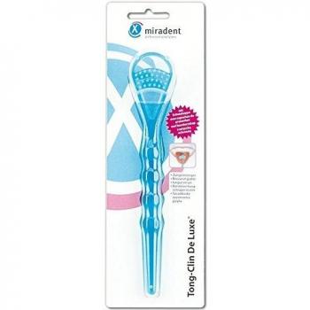 Limpiador de Lengua Miradent Tong-Clin De Luxe Azul Transparente 1 Unidad - Suave Eliminación de Placas Linguales y Mal Aliento, Diseño Curvo y Extra Plano