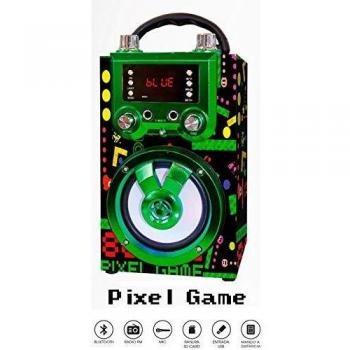 Altavoz portátil con función BLUETOOTH y KARAOKE. Cuenta con pantalla LED y luces disco. Incluye micrófono, mando a distancia y adaptador de carga USB. Disponible en 4 divertidos modelos.