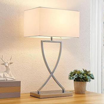 Lámpara de mesa Lucande Evaine moderna en cromo con pantalla blanca, hecha de metal, para salón y comedor, 1 bombilla E27