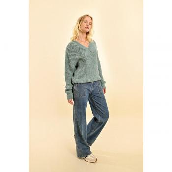 Molly Bracken - Jersey de mujer de manga larga escote pico verde aguamarina