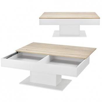 Mesa de Centro Lünen Aglomerado 40 x 110 x 60 cm - Efecto Roble y Blanco con 2 Compartimentos de Almacenamiento