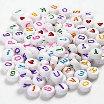 Cuentas de letra, tamaño 7 mm, tamaño de agujero 1,2 mm, color blanco, 25 g, aprox. 200 piezas